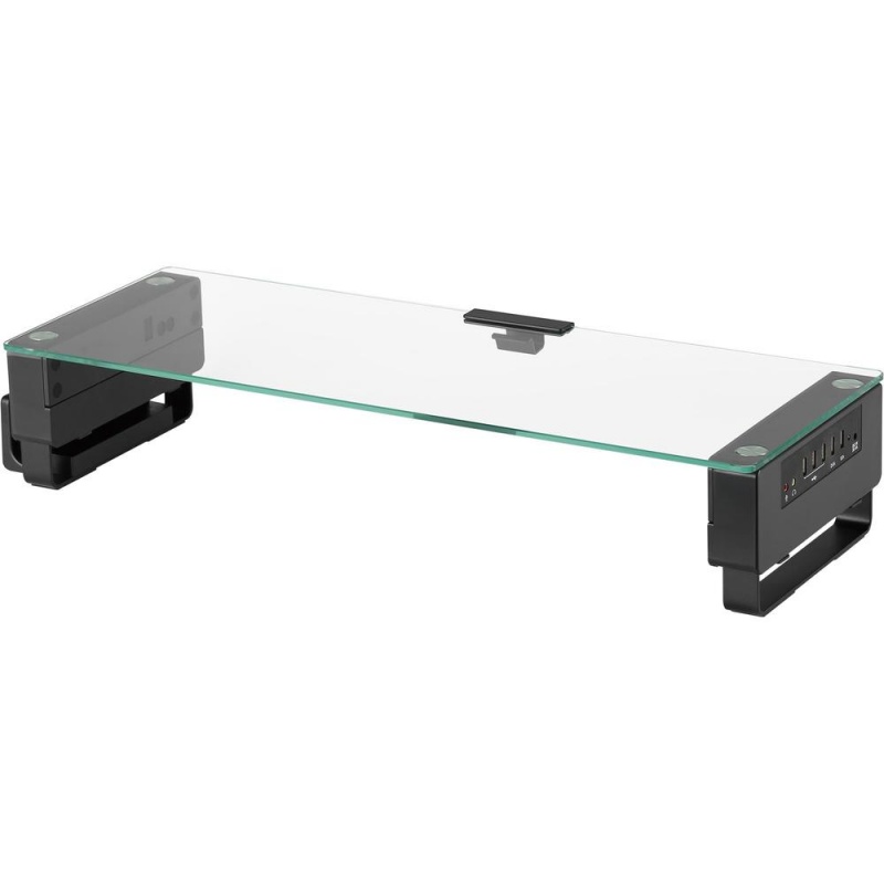 Lorell Single Shelf Usb Glass Monitor Stand - 44 Lb Load Capacity - 1 X Shelf(Ves) - 3.7" Height X 24.1" Width X 8.3" Depth - Desktop - Glass - Black
