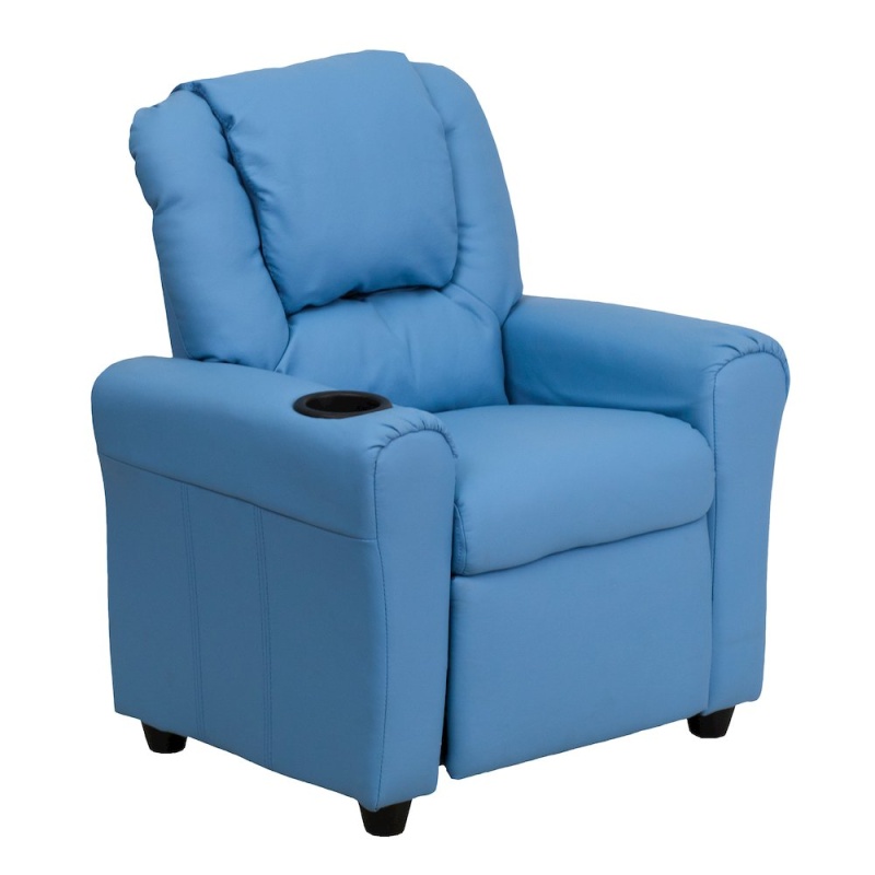 Contemporary Light Blue Vinyl Kids Recliner With Cup Holder And Headrest