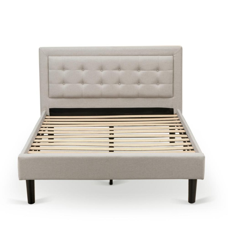 Fn08f-1Ga08 2-Pc Platform Full Size Bed Set With 1 Wood Bed Frame And A Wood Nightstand - Mist Beige Linen Fabric