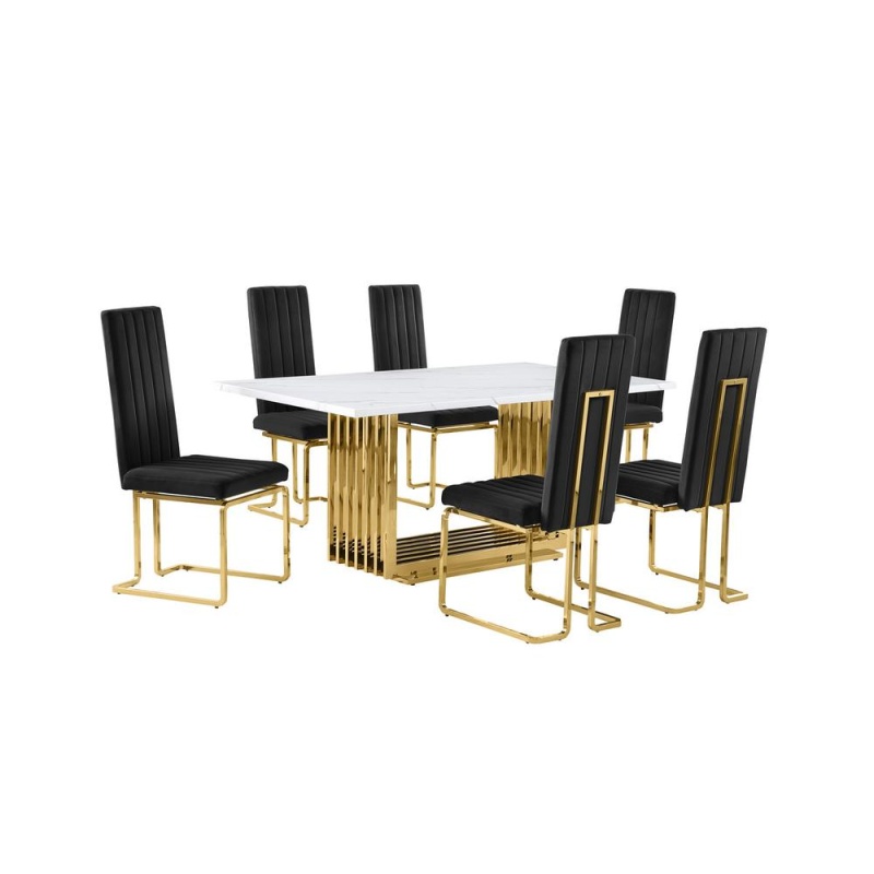 7Pc Small(68") Marble Top Dining Set With Gold Base And 6 Black Side Chairs