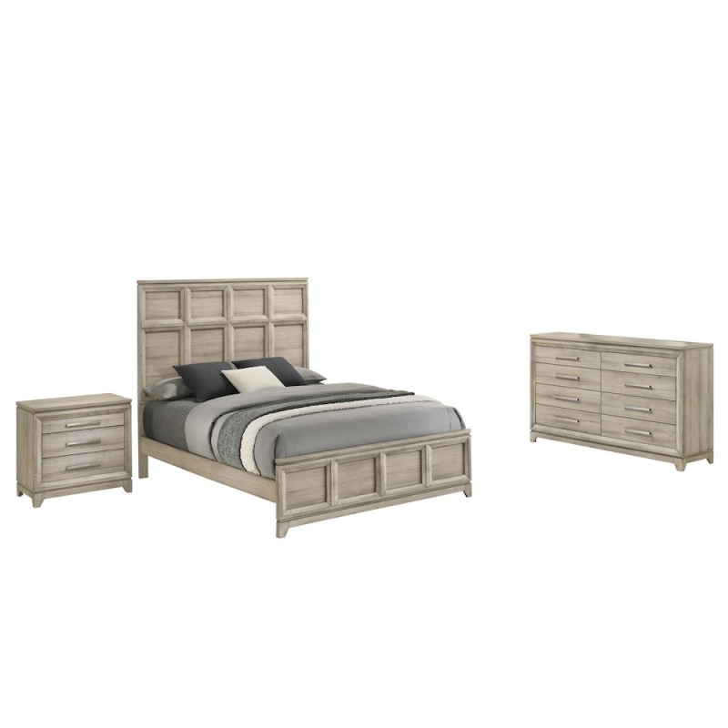 3Pc Eastern King Panel Bedroom Set Weathered Greige (Bed, Dresser, Nightstand)