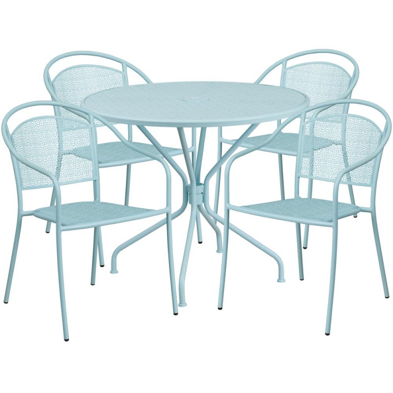Commercial Grade 35.25" Round Sky Blue Indoor-Outdoor Steel Patio Table Set With 4 Round Back Chairs