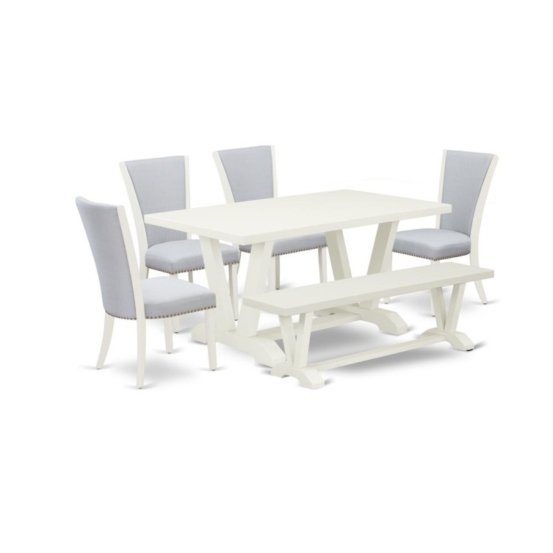 East West Furniture V026ve005-6 6 Piece Table Set - 4 Grey Linen Fabric Parson Chairs With Nailheads And Wirebrushed Linen White Wooden Dining Table - 1 Kitchen Bench - Wirebrush Linen White Finish
