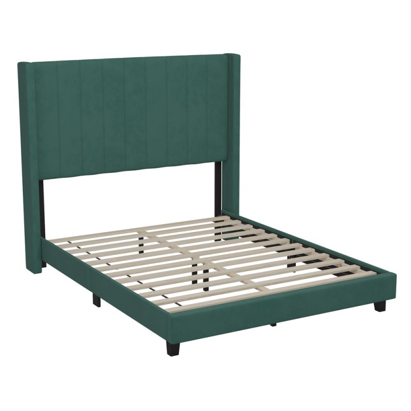 Bianca Full Upholstered Platform Bed With Vertical Stitched Wingback Headboard, Slatted Mattress Foundation, No Box Spring Needed, Emerald Velvet