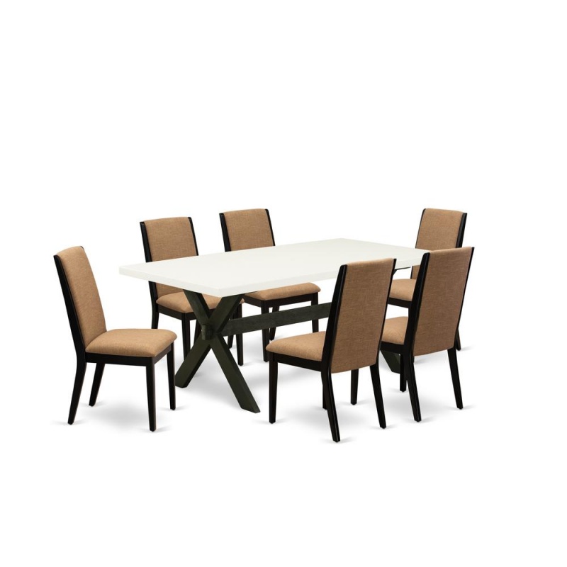 East West Furniture X627la147-7 7-Piece Awesome Dining Table Set A Superb Linen White Wood Dining Table Top And 6 Stunning Linen Fabric Parson Chairs With Stylish Chair Back, Wire Brushed Black Finish