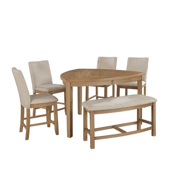 6Pc Counter Height Dining Set In Rustic Wood Finish, Petal-Shaped Table, 4 Chairs & 1 Bench In Beige