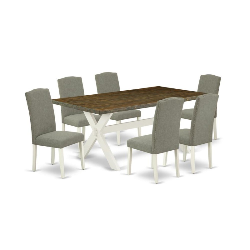 East West Furniture X077en206-7 7-Piece Gorgeous Dining Table Set An Outstanding Distressed Jacobean Rectangular Table Top And 6 Awesome Linen Fabric Parson Chairs With Nail Heads And Stylish Chair Ba