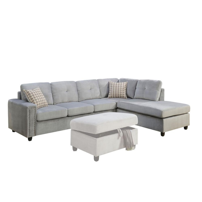 Belville Sectional Sofa W/Pillows (Reversible), Gray Velvet (1Set/2Ctn)