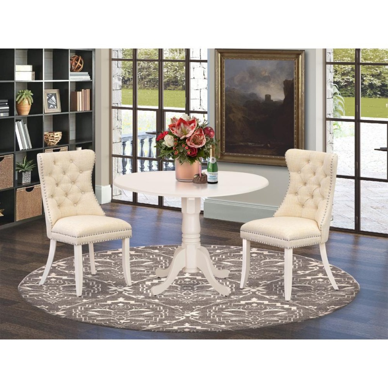 East West Furniture 3-Piece Dining Table Set with Round Drop-Leaf Table