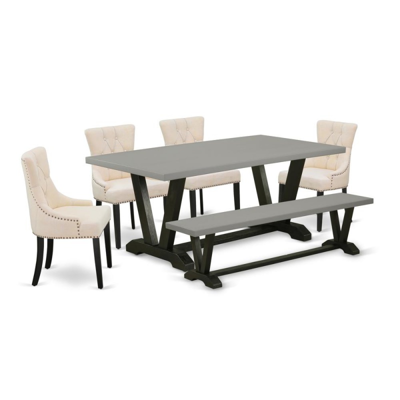 East West Furniture V697fr102-6 6-Pc Dining Table Set - 4 Parson Chairs, A Wood Bench Cement Top And 1 Modern Cement Table Top With Button Tufted Chair Back - Wire Brushed Black Finish