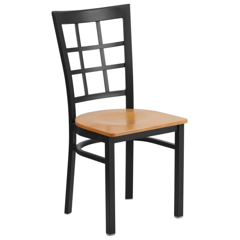 Hercules Series Black Window Back Metal Restaurant Chair - Natural Wood Seat