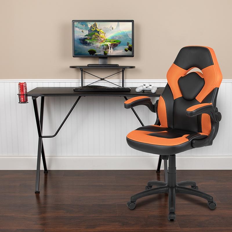 Black Gaming Desk And Orange/Black Racing Chair Set With Cup Holder, Headphone Hook, And Monitor/Smartphone Stand