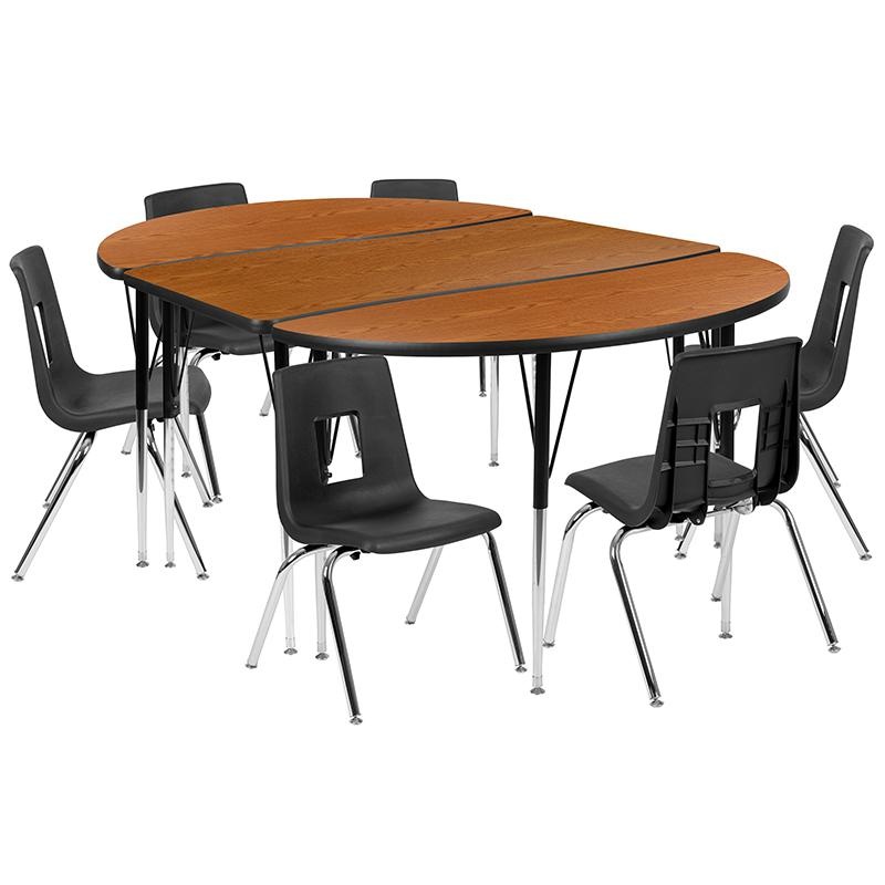 76" Oval Wave Activity Table Set With 16" Student Stack Chairs, Oak/Black