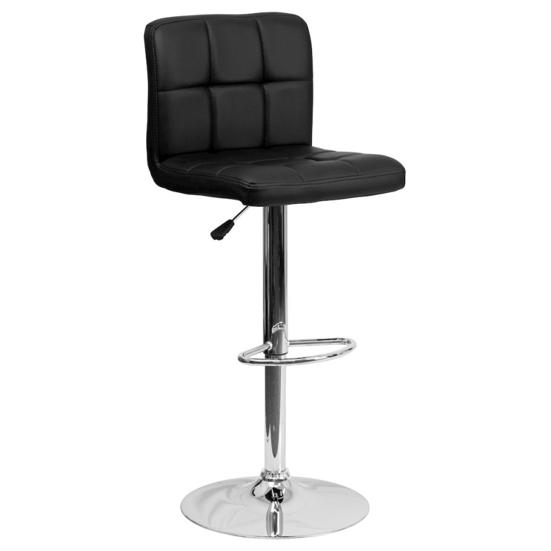 Contemporary Black Quilted Vinyl Adjustable Height Barstool With Chrome Base