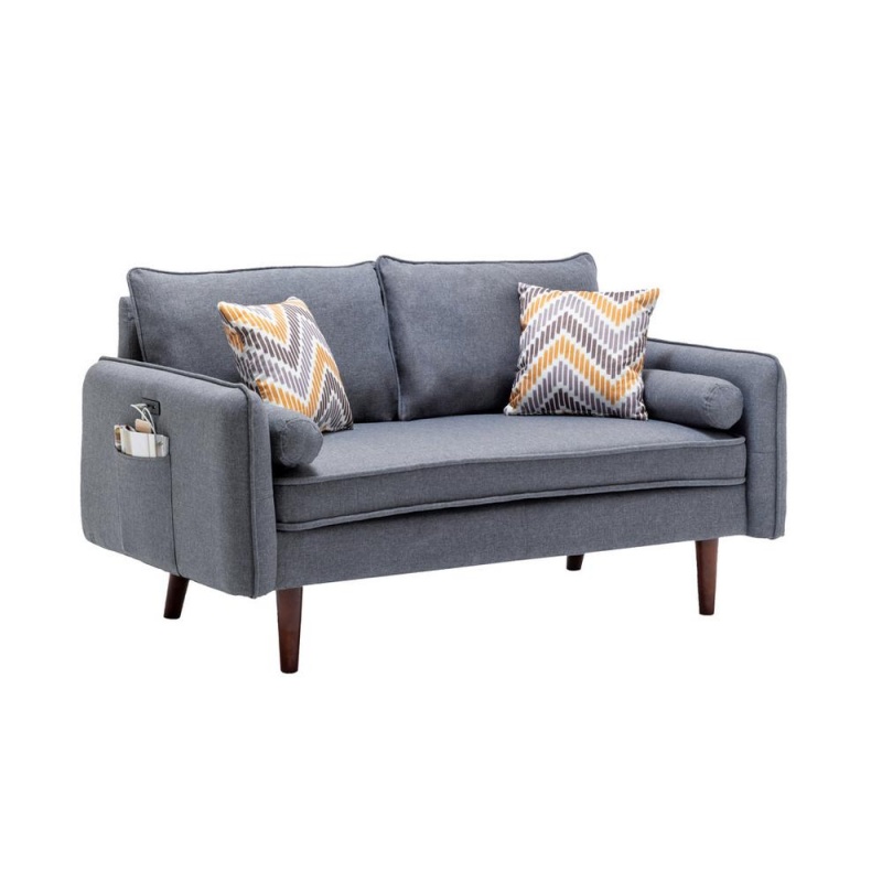 Lana Mid-Century Modern Gray Linen Loveseat Couch With Usb Charging Ports & Pillows