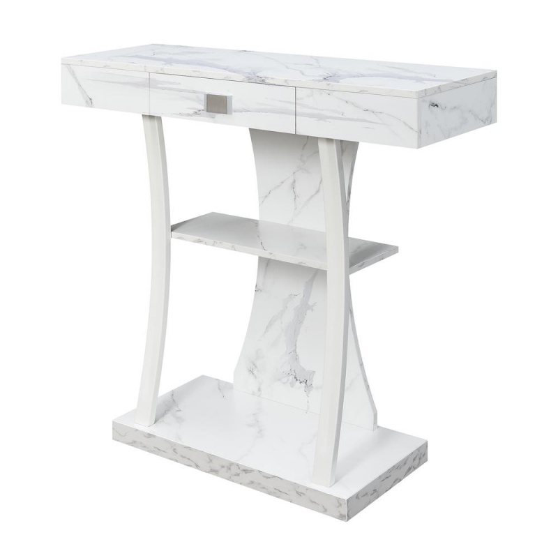 Newport 1 Drawer Harri Console Table With Shelves, White Faux Marble/White Base