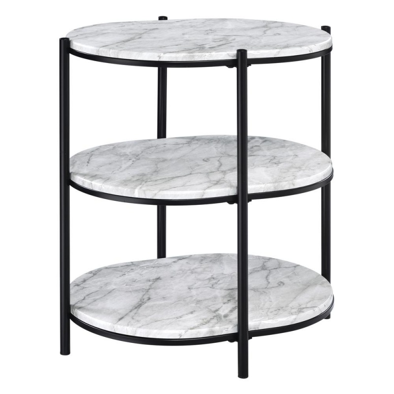Renton 3-Tier Oval Table With White Marble Shelves And Black Frame