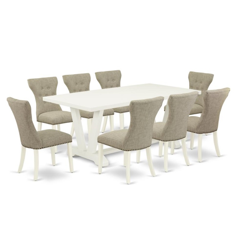 East West Furniture 9-Piece Modern Dining Set- 8 Kitchen Chairs With Doeskin Linen Fabric Seat And Button Tufted Chair Back - Rectangular Table Top & Wooden Legs - Linen White Finish