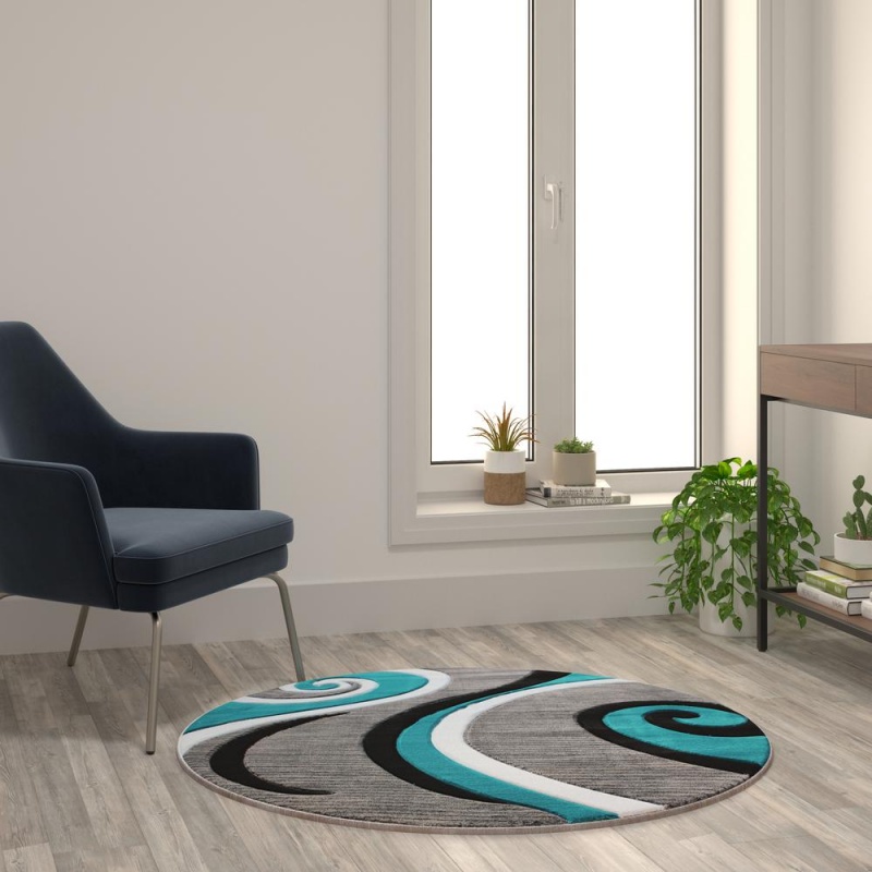 Atlan Collection 4' X 4' Turquoise Round Abstract Area Rug - Olefin Rug With Jute Backing - Entryway, Living Room Or Bedroom