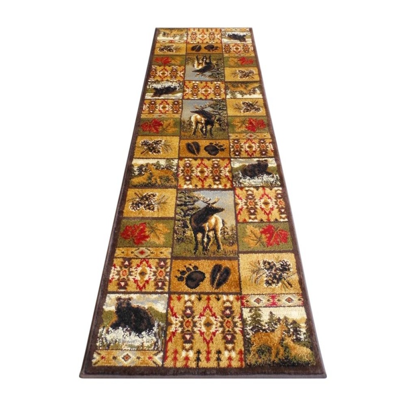 Beige 2' X 7' Wilderness Bear And Moose Area Rug With Jute Backing For Use