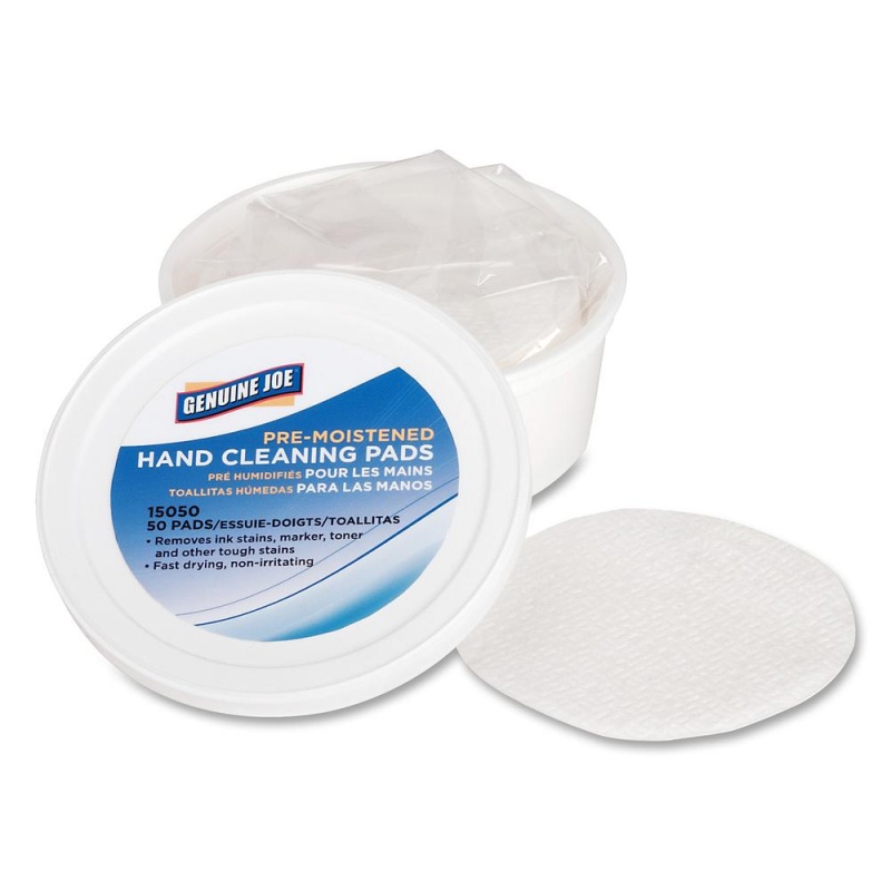 Genuine Joe Pre-Moistened Hand Cleaning Pads - 3" Roll Diameter - White - Quick Drying, Pre-Moistened, Non-Irritating - For Multi Surface, Hand, Tools - 50 Per Pack - 72 / Carton