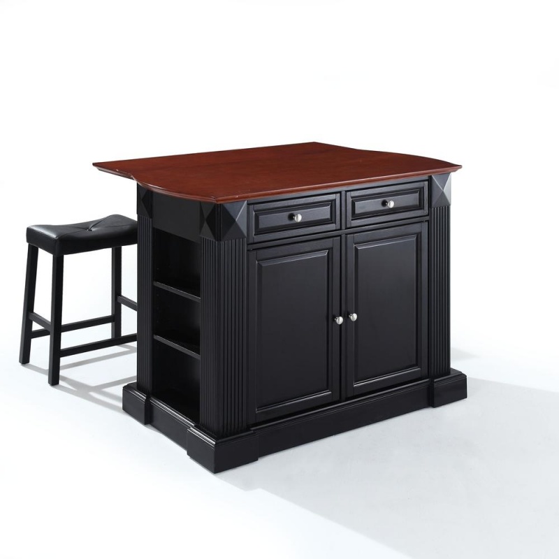 Coventry Drop Leaf Top Kitchen Island W/Uph Saddle Stools Black/Black - Kitchen Island, 2 Counter Height Bar Stools
