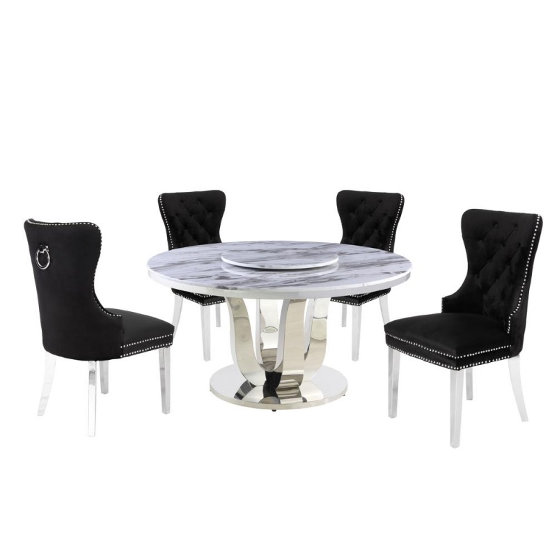 White Marble Round 5 Piece Dining Set Ring Chairs In Black Velvet - Lazy Susan