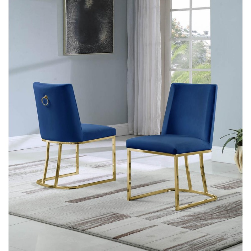 Velvet Upholstered Side Chair, Gold Color Legs, 4 Colors To Choose (Set Of 2) - Navy