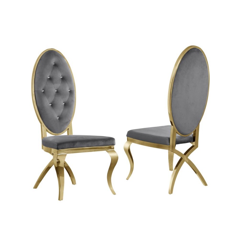 Velvet Side Chair Set Of 2, Stainless Steel Gold Legs, Dark Grey