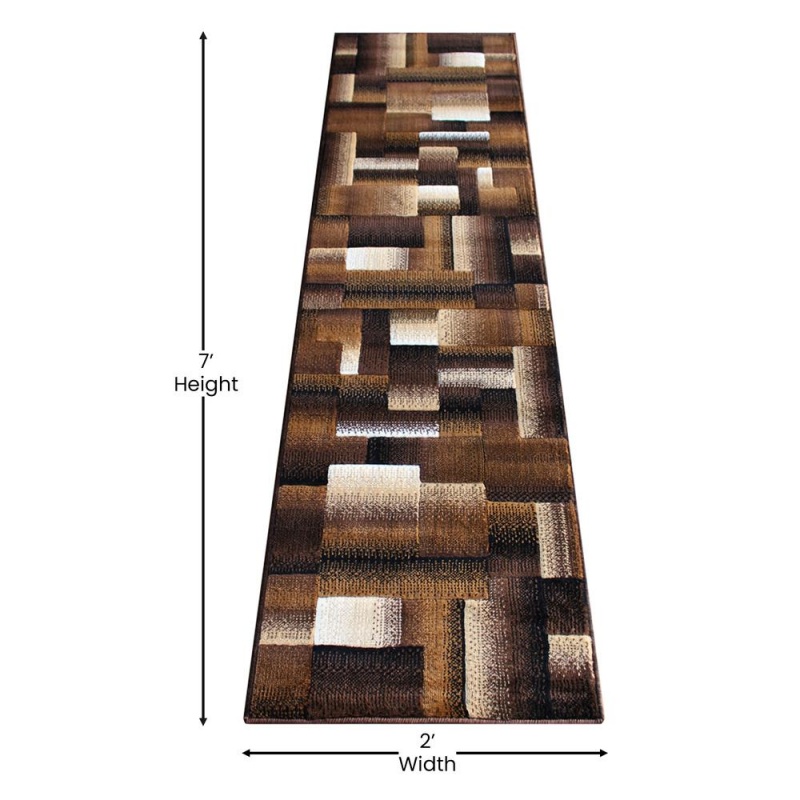 Elio Collection 2' X 7' Chocolate Color Blocked Area Rug - Olefin Rug With Jute Backing - Entryway, Living Room, Or Bedroom