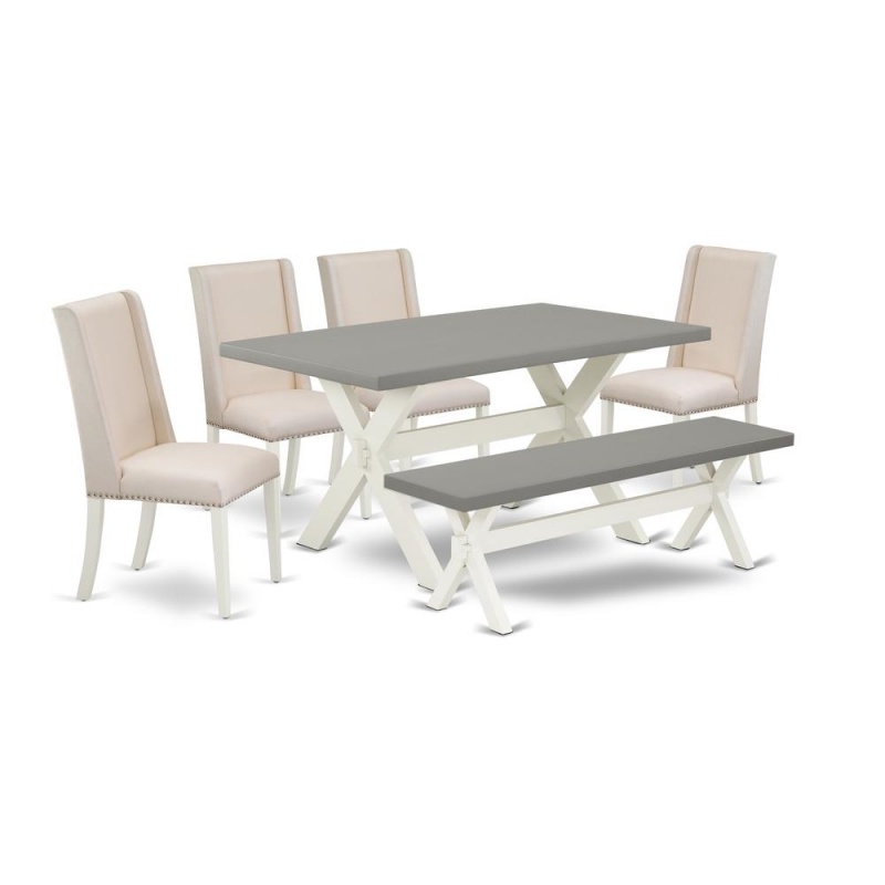 East West Furniture X096fl201-6 6-Piece Awesome Rectangular Dining Room Table Set With Premium Quality Cement Color Wood Table Top And Cement Color Small Bench And 4 Beautiful Parson Dining Room Chair