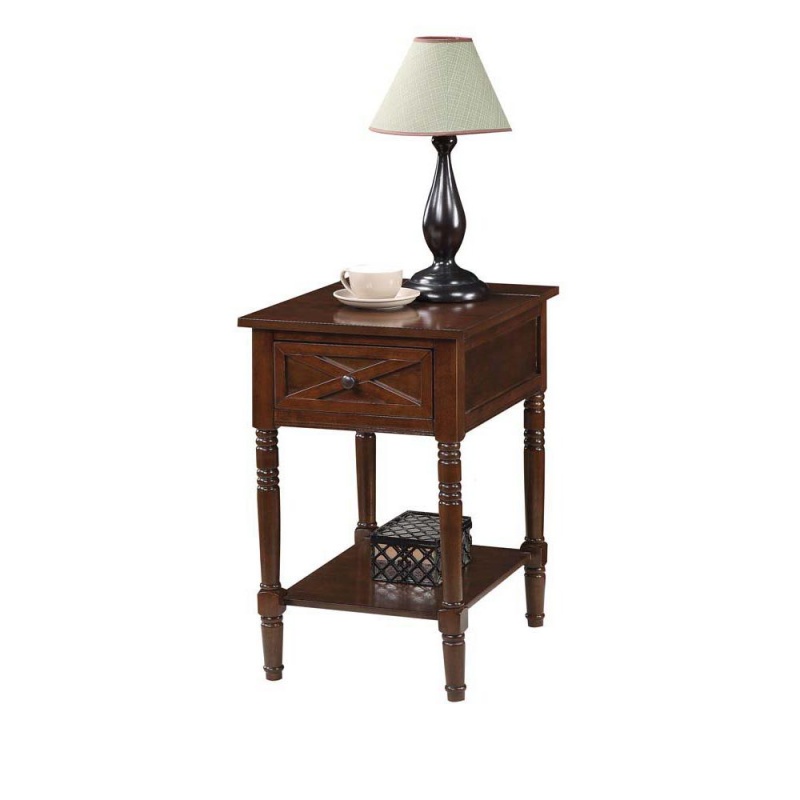 Country Oxford 1 Drawer End Table With Charging Station And Shelf, Espresso