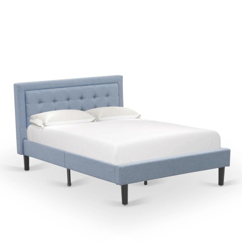 East West Furniture Fnf-11-F Platform Full Bed Frame - Denim Blue Linen Fabric Upholestered Bed Headboard With Button Tufted Trim Design - Black Legs