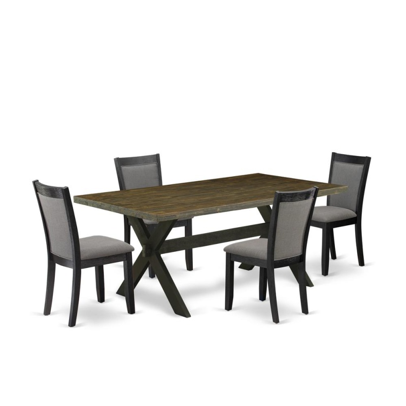 East West Furniture 5 Piece Dining Set - Distressed Jacobean Top Dining Table With Trestle Base And 4 Dark Gotham Grey Linen Fabric Upholstered Dining Chairs - Wire Brushed Black Finish