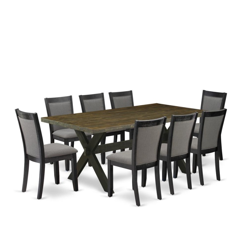 East West Furniture 9 Piece Dinette Set - A Distressed Jacobean Top Dining Table With Trestle Base And 8 Dark Gotham Grey Linen Fabric Dinning Chairs - Wire Brushed Black Finish