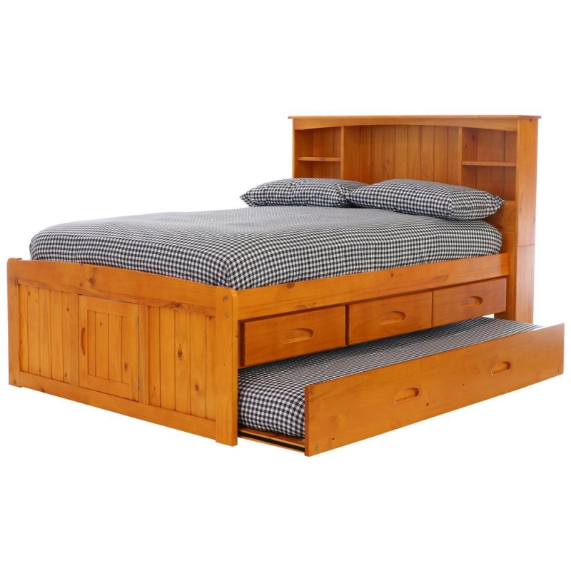 Os Home And Office Furniture Model Solid Pine Full Captains Bookcase Bed With 3 Drawers And Twin Sized Trundle In Warm Honey