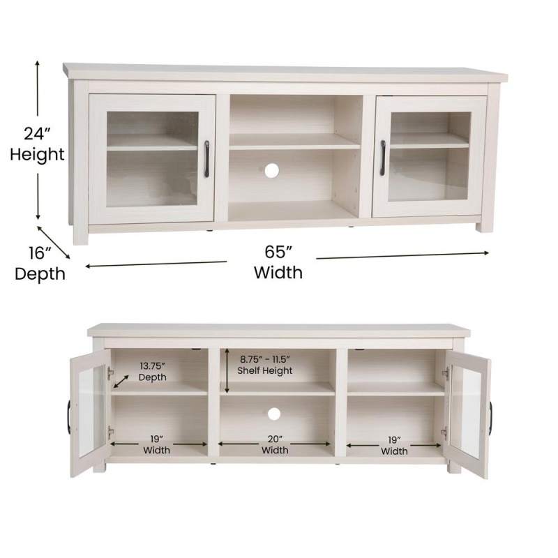 Sheffield Classic Tv Stand Up To 80" Tvs - Modern White Wash Finish With Full Glass Doors - 65" Engineered Wood Frame - 3 Shelves