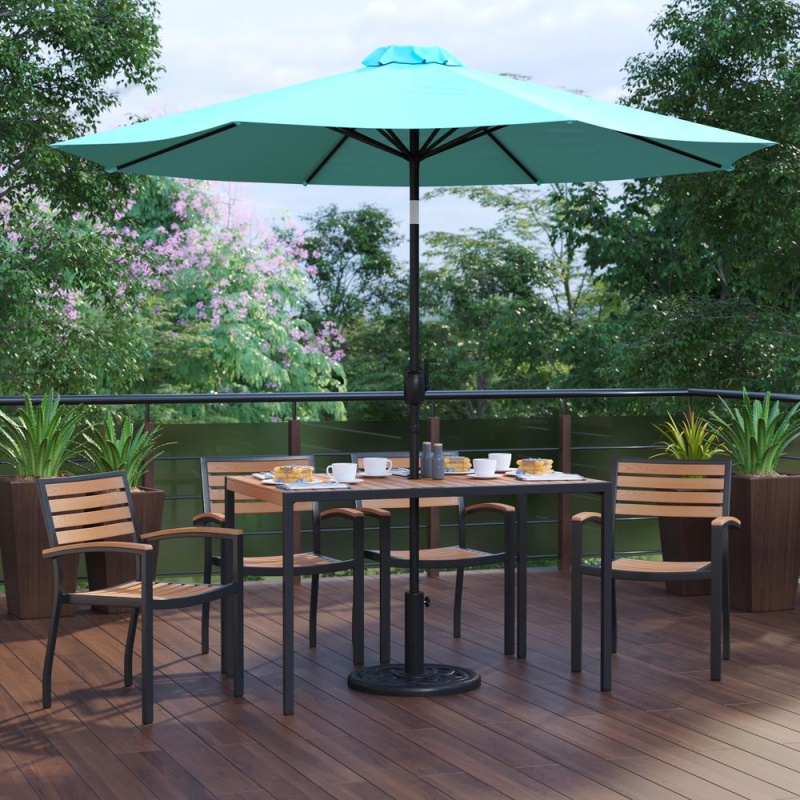 7 Piece Outdoor Patio Dining Table Set With 4 Synthetic Teak Stackable Chairs, 30" X 48" Table, Teal Umbrella & Base