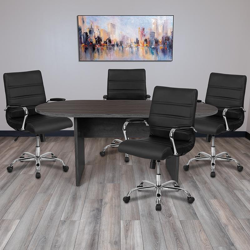 5 Piece Rustic Gray Oval Conference Table Set With 4 Black And Chrome Leathersoft Executive Chairs