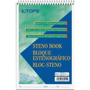 Tops Steno Books - 80 Sheets - Wire Bound - Gregg Ruled Margin - 6" X 9" - Green Tint Paper - Snag Resistant, Acid-Free, Heavyweight - 1 Dozen