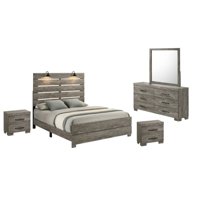 5Pc Modern Queen Size Panel Bedroom Set in Antique Gray