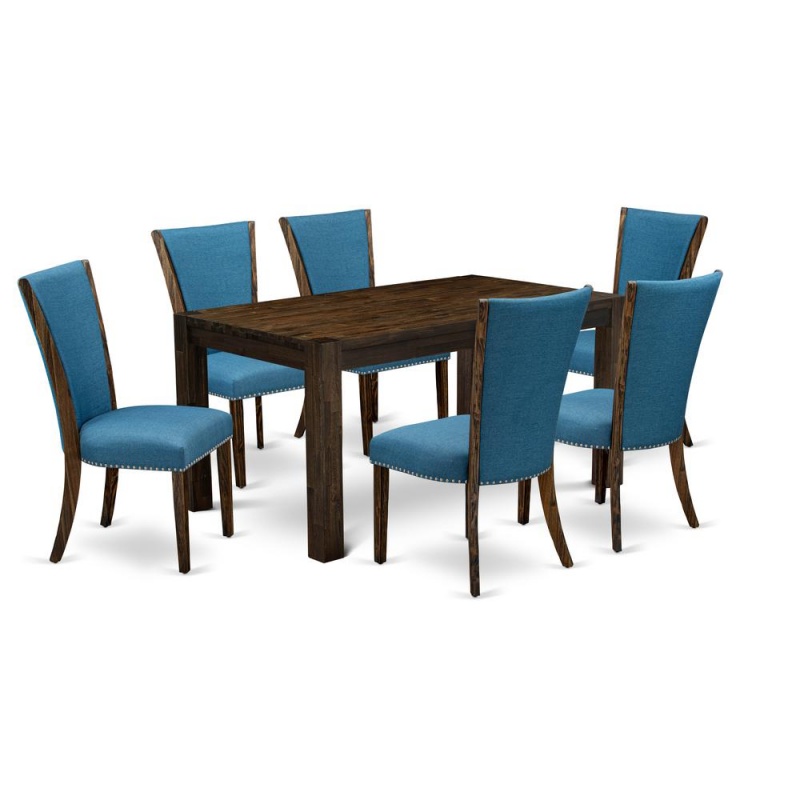 East West Furniture - Cnve7-77-21 - 7-Pc Dining Room Set- 6 Mid Century Dining Chairs And Kitchen Table - Blue Linen Fabric Seat And High Chair Back - Distressed Jacobean Finish