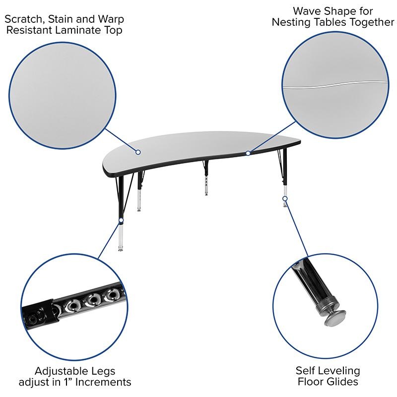60" Half Circle Wave Collaborative Grey Thermal Laminate Activity Table - Height Adjustable Short Legs