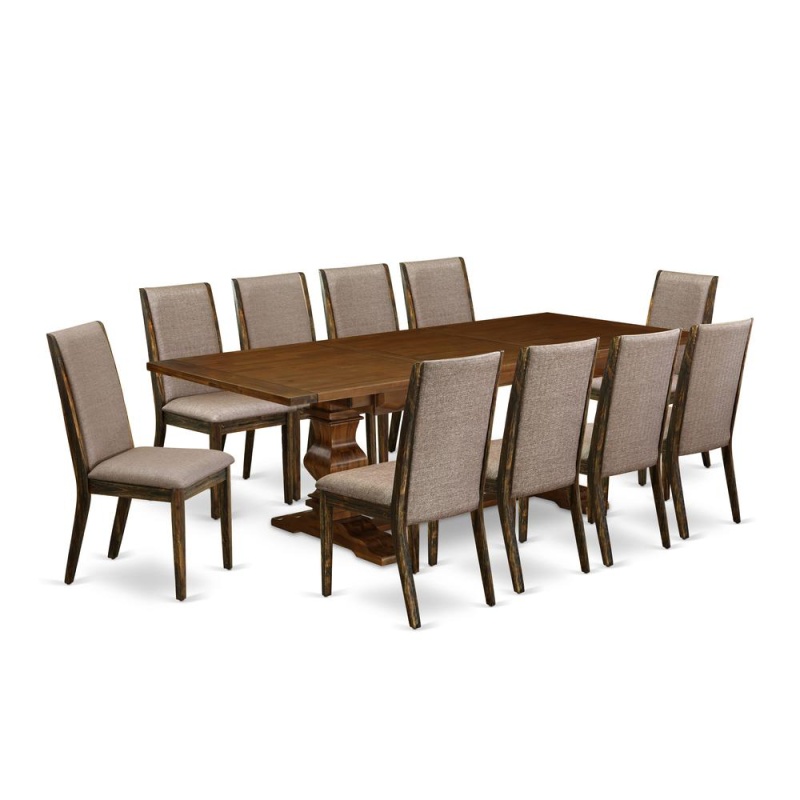 East West Furniture 11-Pieces Kitchen Table Set - A Butterfly Leaf Double Pedestal Modern Kitchen Table And 10 Dark Khaki Linen Fabric Dining Chairs With High Back - Antique Walnut Finish