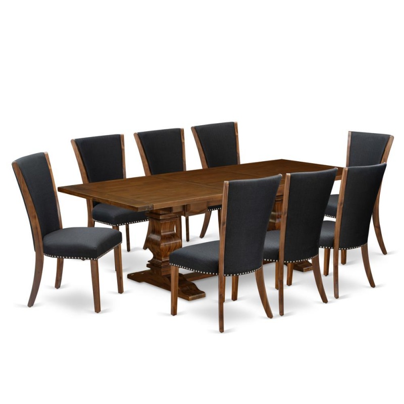 East West Furniture Lave9-88-24 9Pc Dining Room Table Set Consists Of A Kitchen Table And 8 Parsons Dining Room Chairs With Black Color Linen Fabric, Antique Walnut Finish