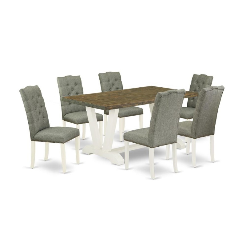 East West Furniture V076el207-7 7-Pc Dining Table Set- 6 Dining Padded Chairs With Smoke Linen Fabric Seat And Button Tufted Chair Back - Rectangular Table Top & Wooden Legs - Distressed Jacobean And