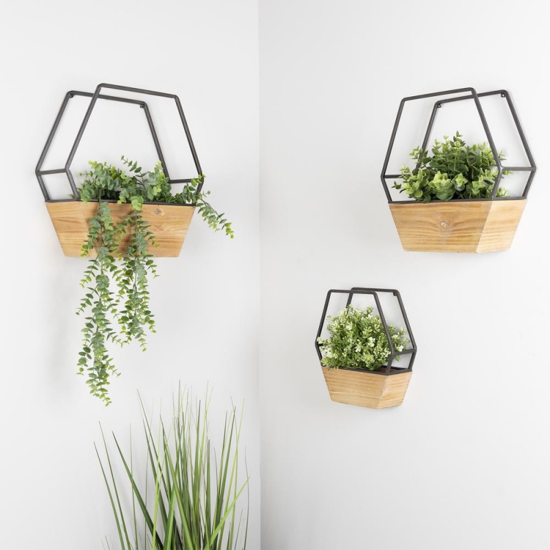 Stratton Home Decor Set Of 3 Wood And Metal Hexagon Wall Planters