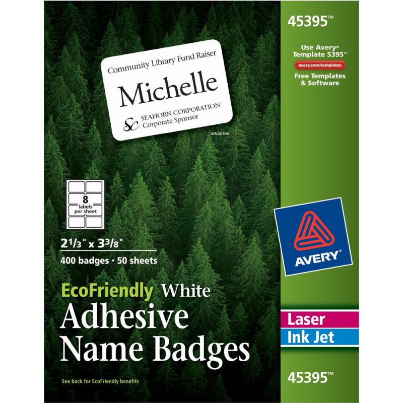 Avery® Eco-Friendly Premium Name Badge Labels - 2 21/64" Width X 3 3/8" Length - Removable Adhesive - Rectangle - Laser, Inkjet - White - Paper - 8 / Sheet - 50 Total Sheets - 400 Total Label(S) -