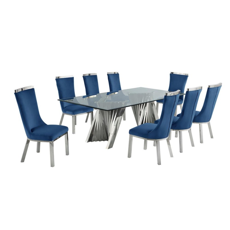 9Pc Dining Set- Recatngle Glass Table With Silver Color Base And Navy Blue Velvet Chairs