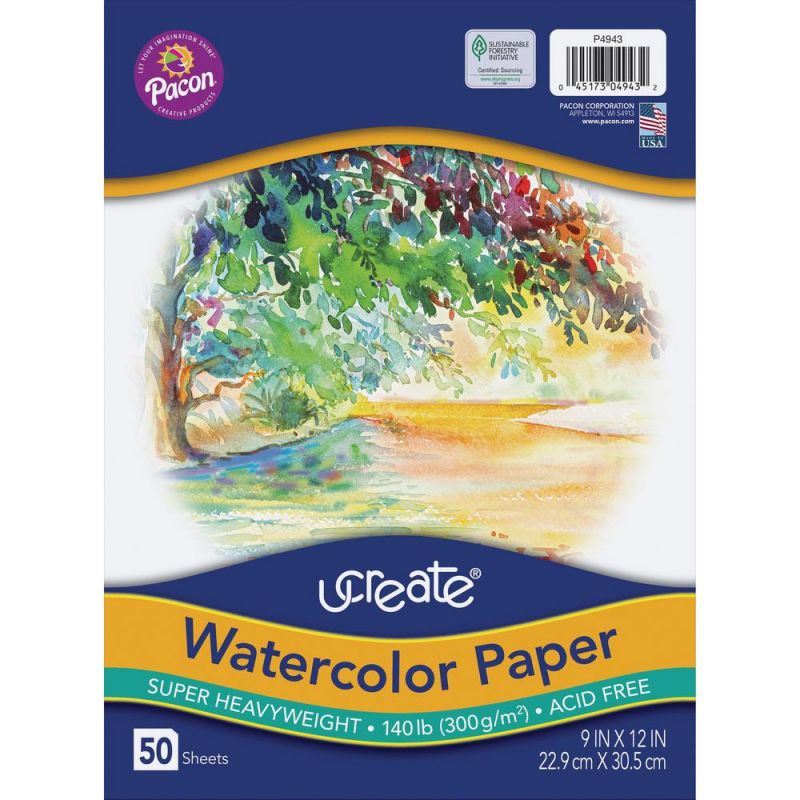 Ucreate 140 Lb. Watercolor Paper - 50 Sheets - 140 Lb Basis Weight - 300 G/m² Grammage - 9" X 12" - White Paper - Acid-Free, Heavyweight Sheet, Recyclable, Sturdy - 50 / Each